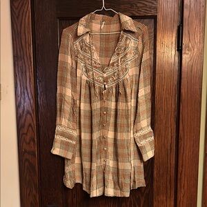 Free People “Haddie” Plaid Dress Cream Brown Wmns Size XS